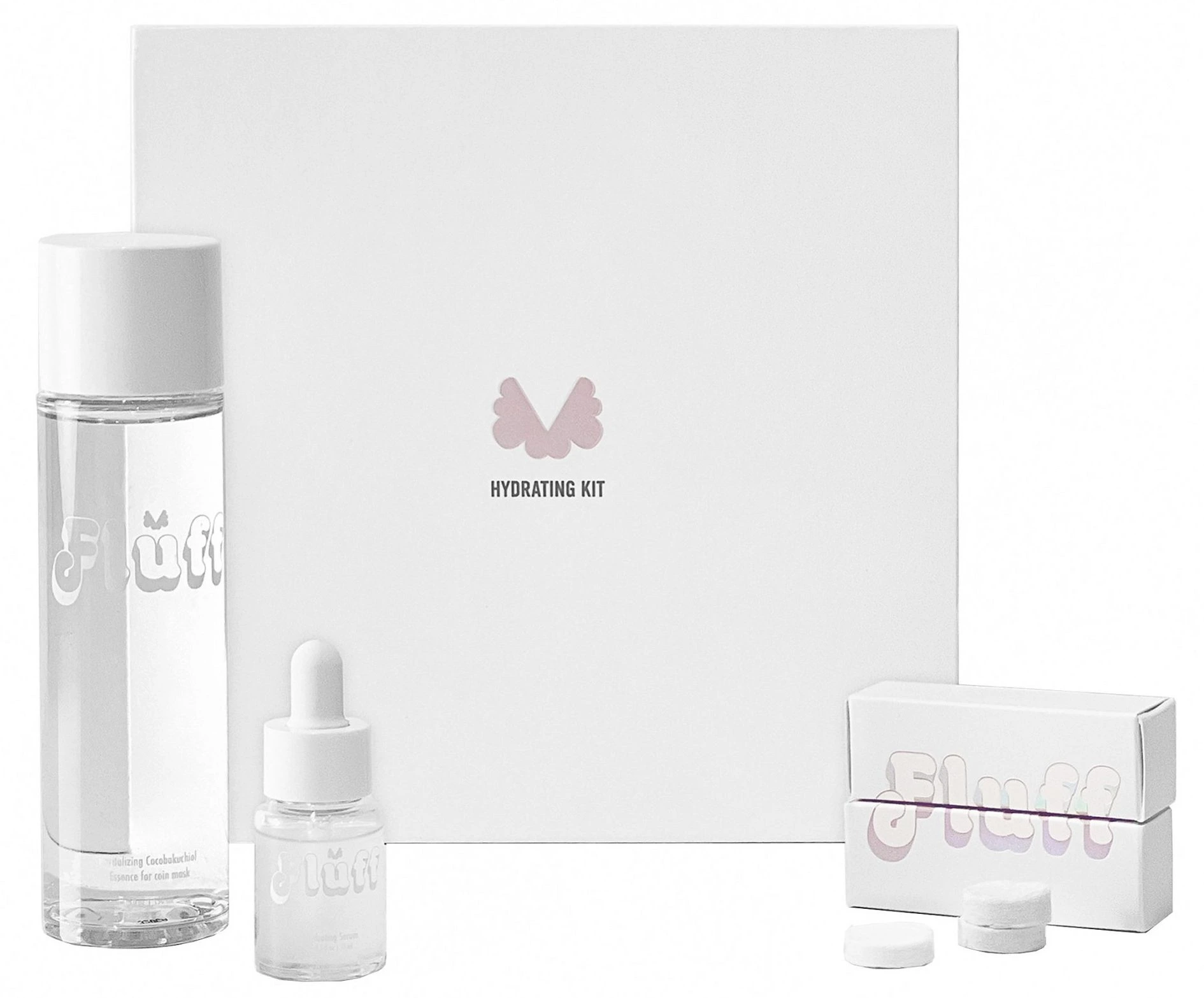 Fluff Mask Hydrating Coin Sheet Mask Kit, exclusive to Flying Solo NYC, a Korean skincare set that includes a serum, essence, and 14 coin sheet masks for glowing skin with customizable application